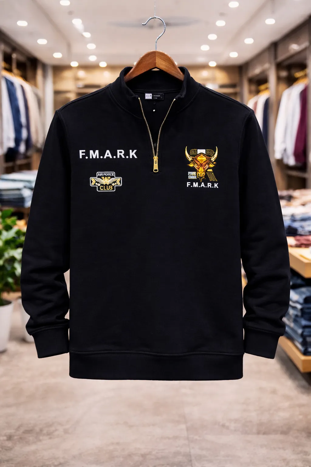 Men's Black Half-Zip Sweatshirt with Gold Details